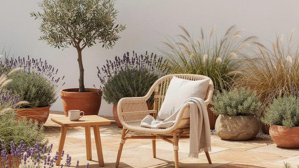 Rincón de jardín con estilo biofílico con vegetación mediterránea y mobiliario de materiales naturales Rincón de jardín con estilo biofílico con vegetación mediterránea y mobiliario de materiales naturales