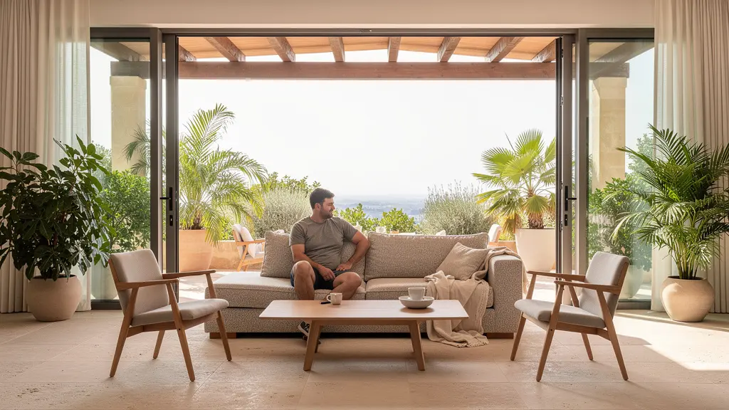 Salón moderno español con grandes ventanales abiertos hacia terraza cubierta mostrando integración interior-exterior Salón moderno español con grandes ventanales abiertos hacia terraza cubierta mostrando integración interior-exterior